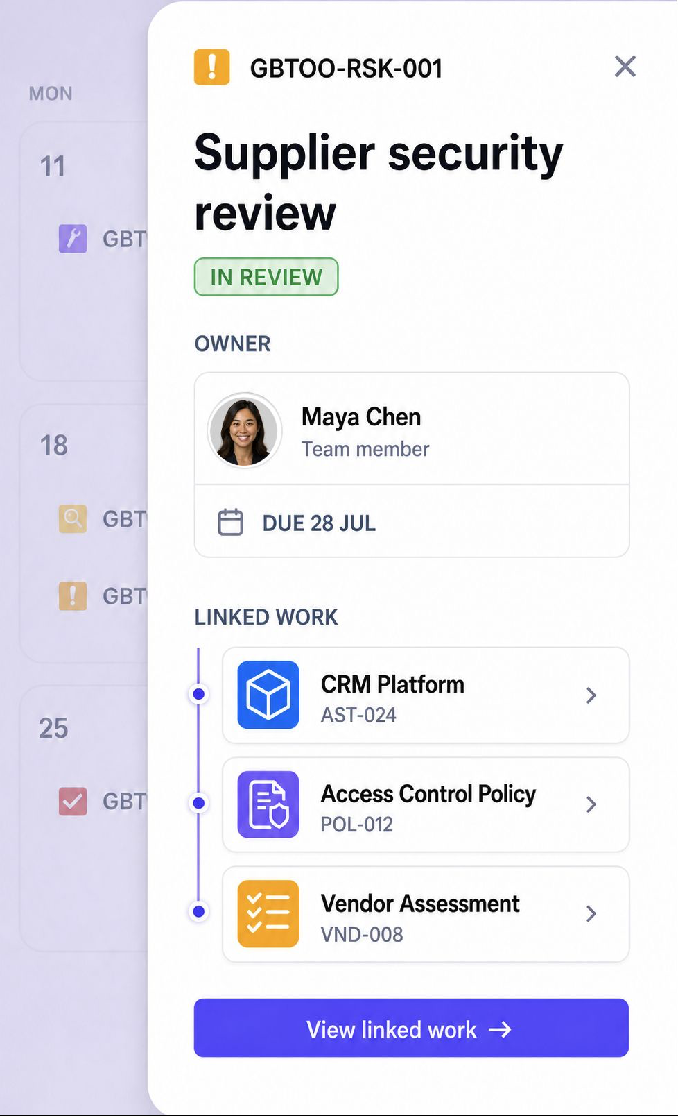 Guardzy register showing Maya Chen as a team member with ownership details and linked work